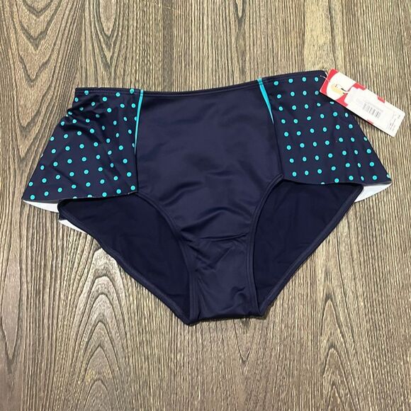 NWT Spanx Womens Flirty Skirted Swim Bottom Mid Rise Navy Splash Polka Size 8 - Picture 1 of 6